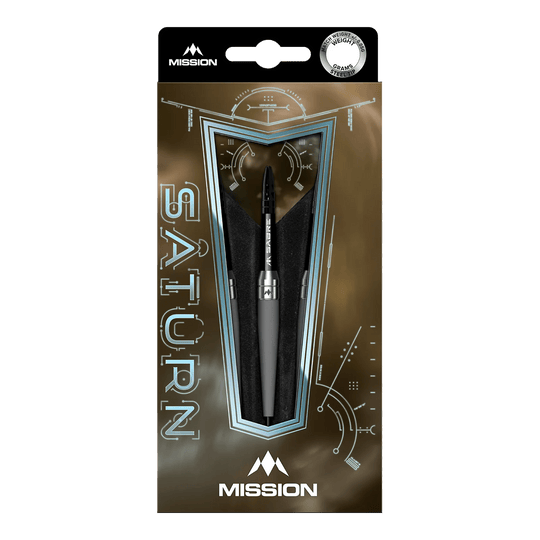 Freccette in acciaio della Missione Saturn Titan Das Bild zeigt die Mission Saturn Titan Steeldarts in ihrer Verpackung. Die Verpackung ist modern gestaltet und hebt den Dart in der Mitte hervor.