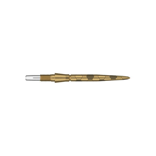 Punte per freccette Target Swiss Storm Onyx Point - Oro Das Bild zeigt eine goldfarbene Dartspitze mit feinen eingravierten Mustern. Sie hat eine schlanke, spitz zulaufende Form und ist 26 mm lang.