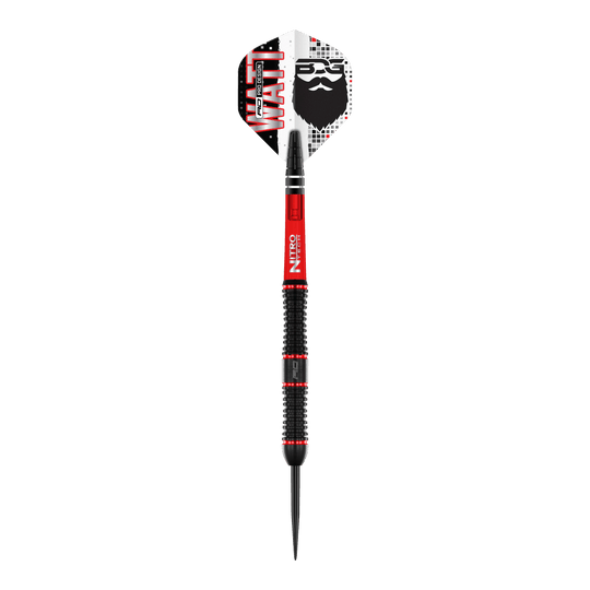 Freccette in acciaio Red Dragon Jason Watt - 22 g Das Bild zeigt den "Red Dragon Jason Watt Steeldart - 22g". Der Dartpfeil hat ein auffälliges Design in Schwarz, Rot und Weiß mit dem Namen „Watt“ und einem Bartmotiv auf der Flights.