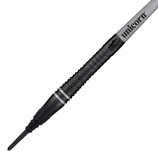 Campione del mondo Unicorn Gary Anderson Noir Fase 6 Soft Darts Das Bild zeigt einen Unicorn World Champion Gary Anderson Noir Phase 6 Softdart. Der Dart hat ein elegantes, schwarzes Design mit dem Aufdruck "unicorn" auf dem Schaft.