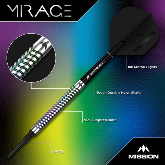 Freccette morbide Mission Mirage - 20 g Hier sieht man die Mission Mirage Softdarts - 20g. Die Darts werden aus einer seitlichen Perspektive präsentiert.