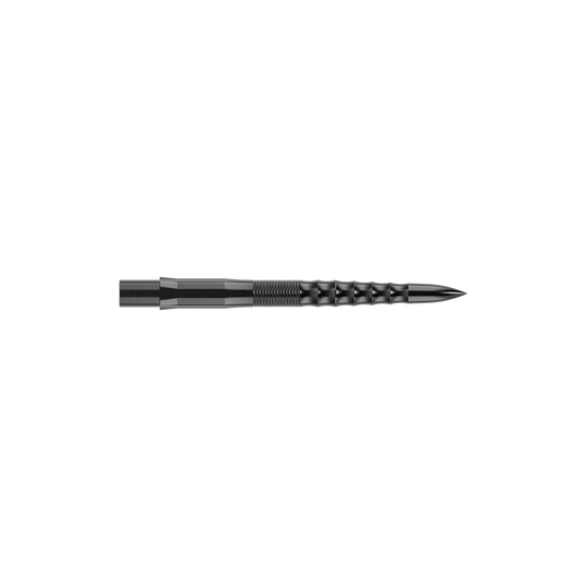 Punte per freccette Mission Caliburn EVO - Ripple - Nere Das Bild zeigt eine schwarze Steeldartspitze mit einer gerippten Oberflächenstruktur. Die Spitze ist gerade und hat eine Länge von 26 mm.
