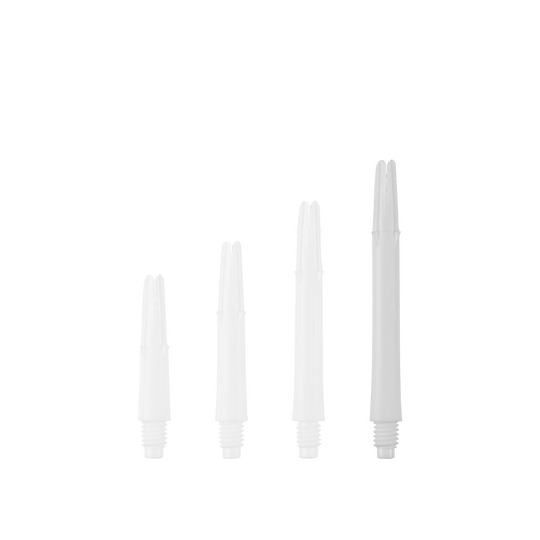 Alberi a L bloccati dritti - Bianco Das Bild zeigt vier weiße, gerade Dartshafts in unterschiedlichen Längen. Sie sind ohne Kappen und stehen nebeneinander aufgereiht.