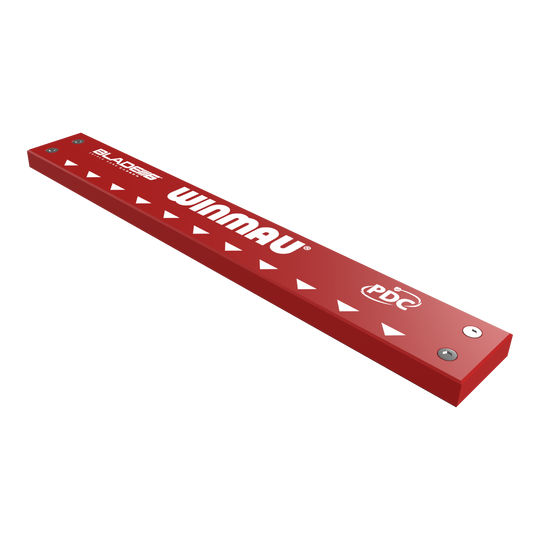 Tappetino per freccette in PVC Winmau Clearzone con oche Das Bild zeigt das Produkt "Winmau Clearzone PVC Dartmatte mit Oche". Es ist eine rote Dartmatte mit weißen Pfeilen und dem Winmau-Logo darauf.