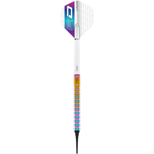 RD2517_Red_Dragon_Javelin_Spectron_Softdarts_1JljhnszoxLKtw Das Bild zeigt einen Red Dragon Javelin Spectron Softdart mit einem Gewicht von 20g. Der Dart hat eine bunte, gestreifte Griffzone und ein Flight mit dem RD-Logo.