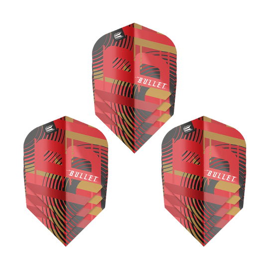Alette Target Pro Ultra Stephen Bunting GEN5 No6 - 3 set Das Bild zeigt drei Sets von Target Pro Ultra Stephen Bunting GEN5 No6 Flights. Die Flights haben ein auffälliges Design in Rot, Schwarz und Gold mit dem Schriftzug "Bullet".