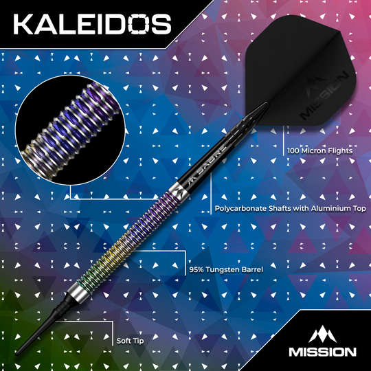 Freccette morbide Mission Kaleidos - 19 g Das Foto zeigt Mission Kaleidos Softdarts - 19g. Es handelt sich um hochwertige Darts für Hobby- und Profispieler.