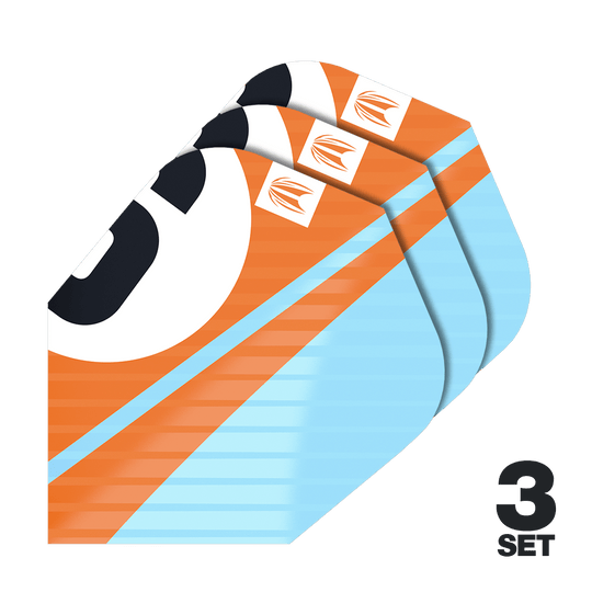Alette Target Pro Ultra Chicane Orange Ten-X - 3 set Das Bild zeigt drei Sätze Target Pro Ultra Chicane Orange Ten-X Flights. Die Flights sind orange und hellblau mit einem auffälligen Design.