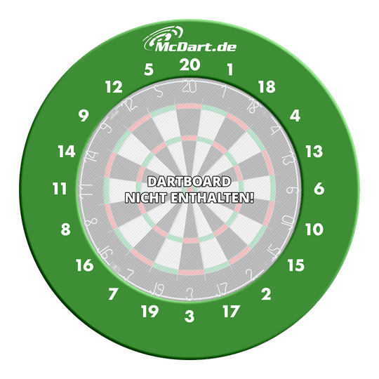 Das Bild zeigt einen grünen Dart-Surround-Ring mit weißen Zahlen und dem Logo "McDart.de" oben. In der Mitte steht der Hinweis "DARTBOARD NICHT ENTHALTEN!"