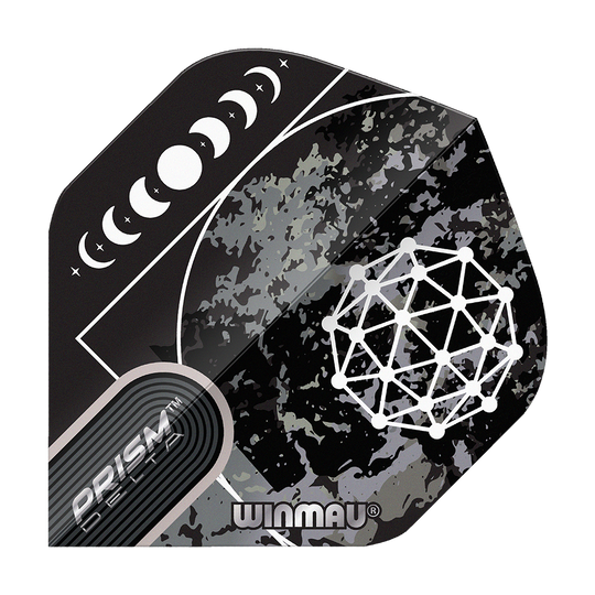 Voli standard Winmau Prism Delta Callisto No2 Das Bild zeigt das Produkt "Winmau Prism Delta Callisto No2 Standard Flights". Es hat ein schwarzes Design mit Mondphasen und geometrischem Muster.