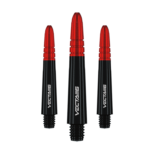 7025_107_Winmau_Vecta_Blade6_Shafts_35mm_1 Das Bild zeigt drei Winmau Vecta Shafts - Blade 6 in Schwarz und Rot. Die Shafts sind schlank designt und haben weiße Schriftzüge.