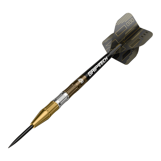 Freccette in acciaio al tungsteno GOAT Ceremony Der GOAT Ceremony Tungsten Steeldart ist ein hochwertiger Dartpfeil mit goldenen und silbernen Elementen. Auf dem Schaft steht das Wort "GRIPTECH" und die Flights sind schwarz mit goldenen Linien gestaltet.
