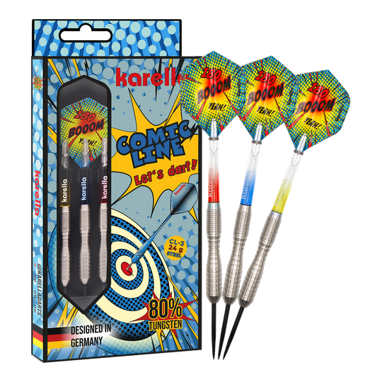 Freccette in acciaio Karella Comic Line CL-3 - 24 g Das Bild zeigt das Produkt Karella Comic Line CL-3 Steeldarts - 24g in voller Länge. Die Steeldarts sind klar zu erkennen.