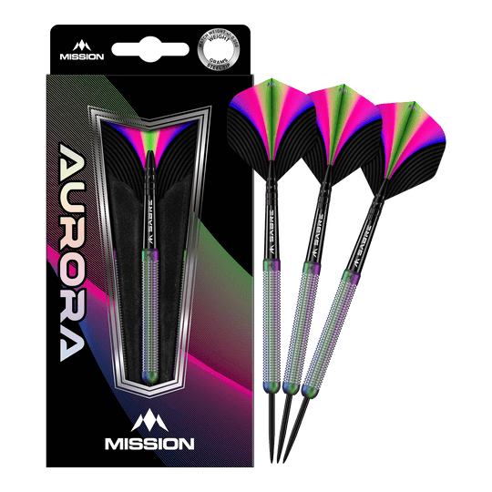 Freccette in acciaio PVD Mission Aurora Coral - 23 g Das Bild zeigt eine Packung mit Mission Aurora Coral PVD Steeldarts in 23g. Die Darts haben ein auffälliges, buntes Design mit schwarzen, grünen, pinken und blauen Akzenten.