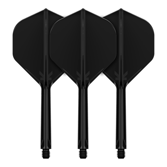 Target K-Flex No2 Standard Flight System - Nero Auf dem Bild sind drei schwarze Dartflights mit Schaft zu sehen. Sie stehen nebeneinander und haben eine standardmäßige, gerade Form.
