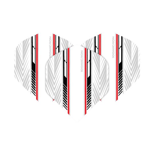 Voli Pentathlon bianchi/neri/rossi Das Bild zeigt die Pentathlon White Black Red No2 Standard Flights. Die Flights haben ein weißes Grunddesign mit schwarzen und roten Streifen sowie grafischen Mustern.