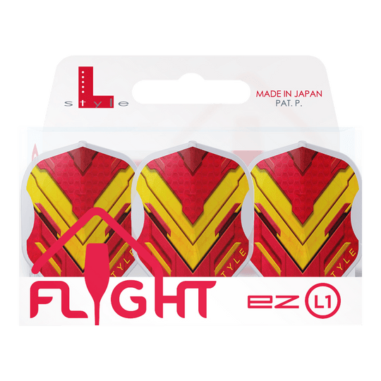 Alette L-Style V-Series V1 Tipo A Spagna Bianco Trasparente L1EZ Das Bild zeigt die L-Style V-Series V1 Type A Spain Clear White L1EZ Flights für Dartpfeile. Die Flights haben ein auffälliges rotes und gelbes Design und sind in einer transparenten Verpackung zu sehen.