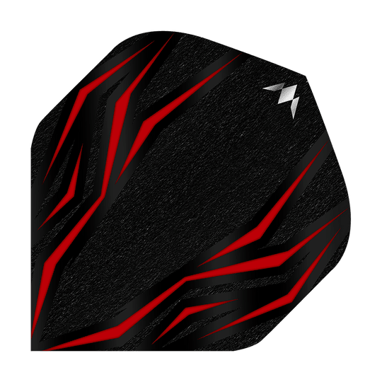 Voli standard Mission Lava Red No2 Das Bild zeigt ein schwarzes Dartflight mit roten, flammenartigen Linien. In der oberen rechten Ecke befindet sich ein kleines, silbernes Logo.