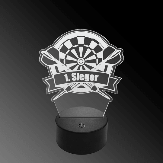 Lampada a freccia a LED in plexiglass con testo personalizzato Das Bild zeigt eine LED-Lampe mit einem Plexiglasaufsatz in Form eines Dartboards und zwei gekreuzten Darts. Auf dem Schild steht "1. Sieger" geschrieben.