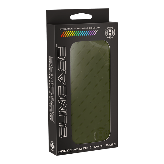 Custodia per freccette Harrows Slimcase Die Abbildung zeigt eine grüne Slimcase Darttasche in ihrer Verpackung. Auf der Verpackung steht "Pocket-sized 6 Dart Case" und sie ist in mehreren Farben erhältlich.