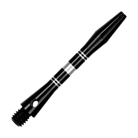 Alberi in alluminio con anelli - Nero Argento Auf dem Bild sind Aluminium Shafts in Schwarz und Silber zu sehen. Das Produkt wird aus einer anderen Perspektive gezeigt.