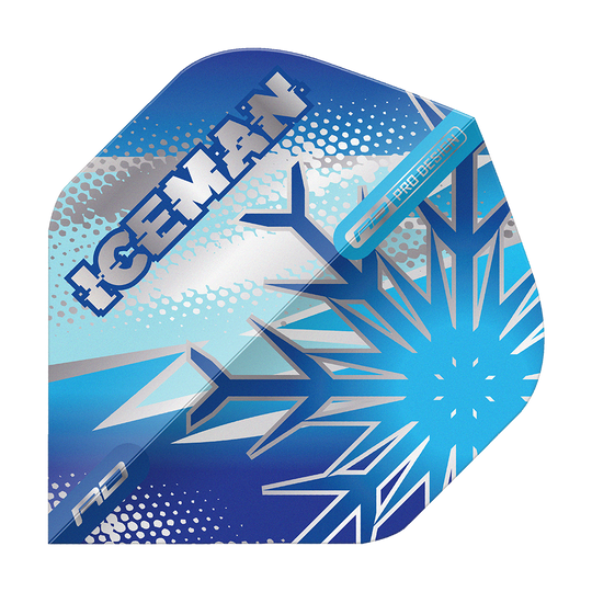 Voli standard Red Dragon Gerwyn Price Blue Flake No2 Das Bild zeigt ein Dart-Flight mit frostigem, blauem Design und einer großen Schneeflocke. Auf dem Flight steht das Wort "ICEMAN" in auffälligen Lettern.