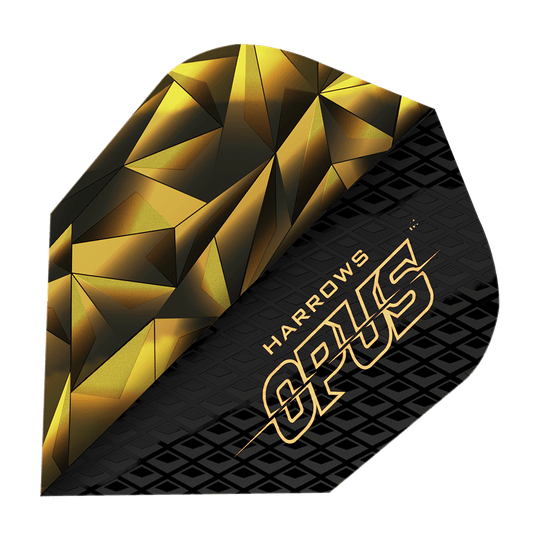 Dies ist ein Bild des Produkts "Harrows Opus Version 1 Flights". Das Flight-Design ist schwarz-golden mit geometrischen Mustern und dem Schriftzug "HARROWS OPUS".