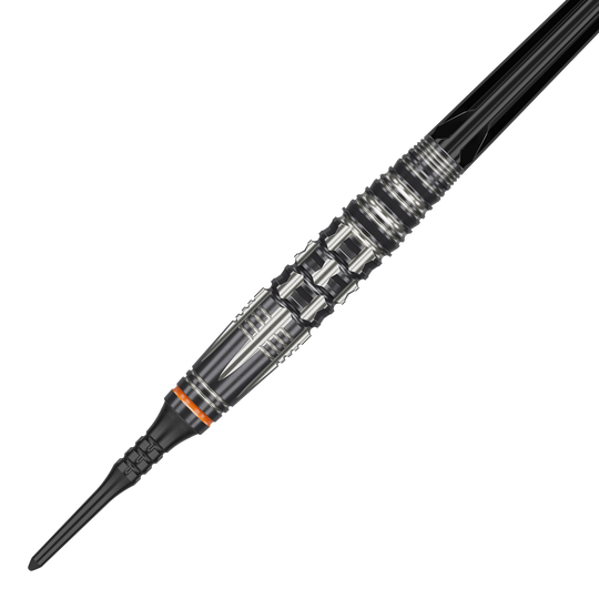 Target Japan Black Marque Dancing Duck GEN 4 Freccette morbide - 17 g Das Bild zeigt einen Target Japan Black Marque Dancing Duck GEN 4 Softdart mit einem Gewicht von 17g. Der Dartpfeil hat ein auffälliges silber-schwarzes Design mit vielen feinen Details und einem orangefarbenen Ring.