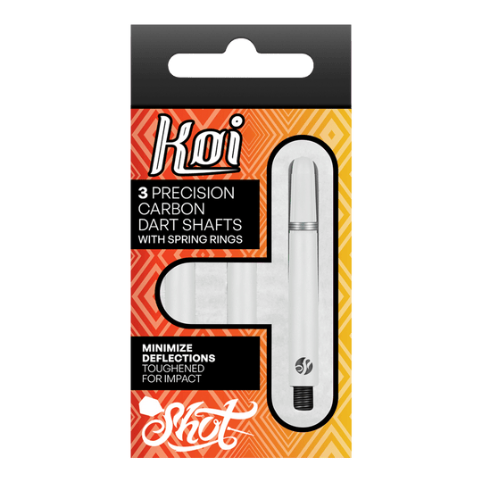Shot Koi Carbon Shafts - Bianco Die Verpackung zeigt drei präzise Carbon-Dartschäfte mit Sprengringen der Marke Koi. Sie sind darauf ausgelegt, Ablenkungen zu minimieren und sind für hohe Schlagfestigkeit verstärkt.