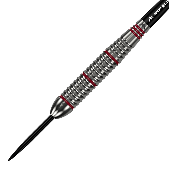 Freccette Mission Rogue in ottone e acciaio - 22 g Das Bild zeigt einen Mission Rogue Brass Steeldart mit einem Gewicht von 22 Gramm. Der Dartpfeil hat ein silbernes, geriffeltes Barrel mit roten Akzenten.