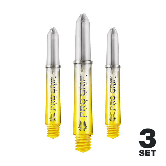 Aste Target Pro Grip Vision - 3 set - Giallo Auf dem Bild sind drei gelbe Pro Grip Vision Shafts für Darts zu sehen. Unten rechts steht, dass es sich um ein 3er-Set handelt.