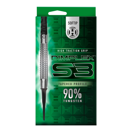 Freccette morbide coniche Harrows Dimplex S3 Das Bild zeigt die Verpackung der "Harrows Dimplex S3 Tapered Softdarts". Auf der Packung steht, dass die Darts einen hohen Grip und einen 90%igen Tungsten-Anteil haben.