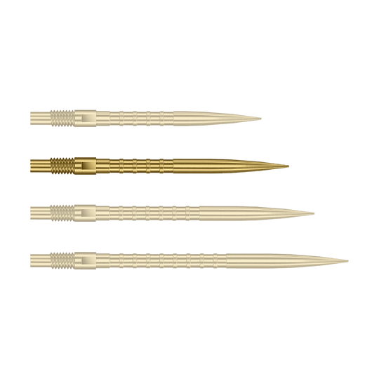 Punte per freccette Harrows Quick Point Heavy Metal - Oro Abgebildet ist eine einzelne goldene Dartspitze mit 30mm Länge und Metallgriff. Es handelt sich um die Harrows Quick Point Heavy Metal Grip Dartspitzen Gold 30mm.