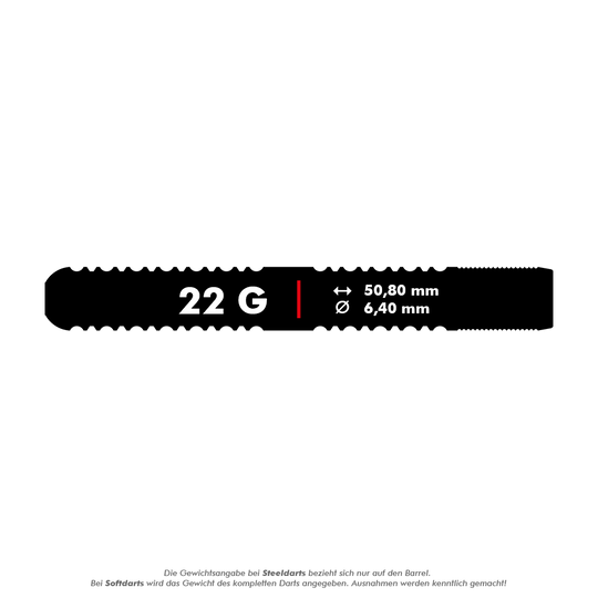 Das Bild zeigt die Maße eines Steeldart-Barrels mit einem Gewicht von 22 Gramm. Die Länge beträgt 50,80 mm und der Durchmesser 6,40 mm.