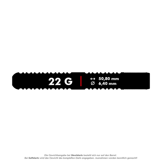 Freccette in acciaio Target Sebastian Bialecki GEN1 Swiss Point - 22 g Das Bild zeigt die Maße eines Steeldart-Barrels mit einem Gewicht von 22 Gramm. Die Länge beträgt 50,80 mm und der Durchmesser 6,40 mm.