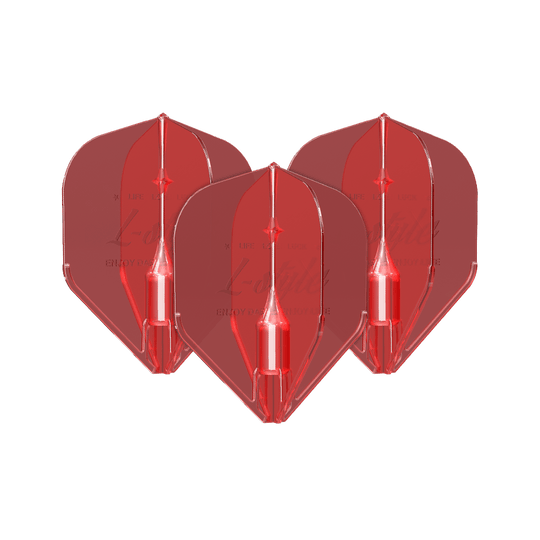 Alette Fantom L1EZ stile L rosse Das Bild zeigt drei rote Dart-Flights des Modells "L-Style Fantom L1EZ". Sie sind aus durchsichtigem Material gefertigt und haben eine klassische Form.