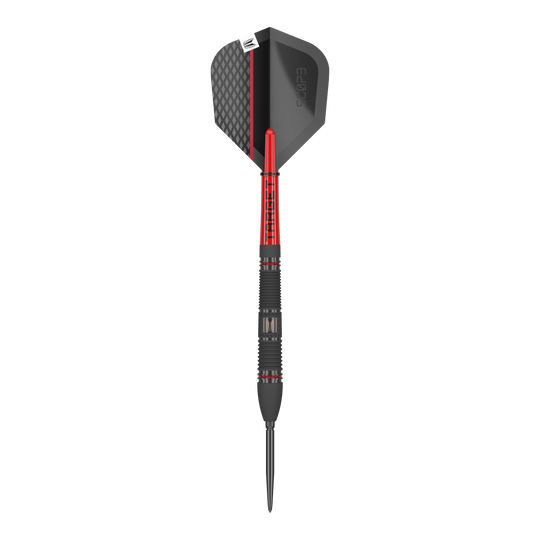 Freccette in acciaio Target Scope 02 Swiss Point Das Bild zeigt einen Target Scope 02 Swiss Point Steeldart. Der Dart ist schwarz und rot gestaltet und hat eine strukturierte Spitze sowie ein modernes Flight-Design.