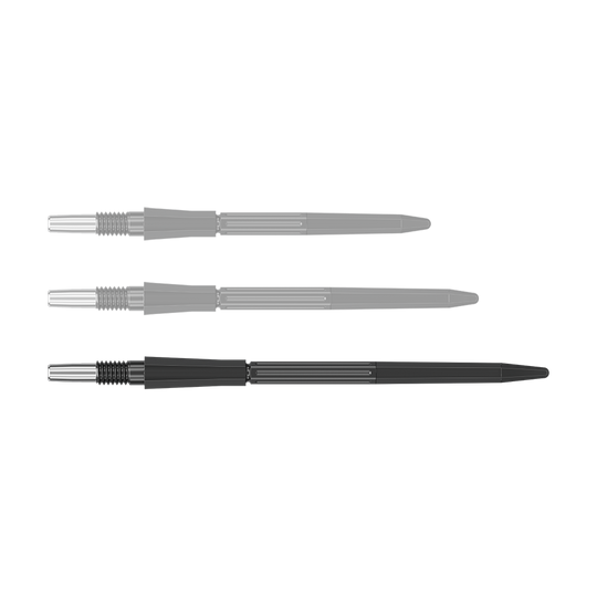 Punte per freccette Target Elysian Archetype 43 Swiss Point in acciaio - Nere Eine schwarze Dartspitze mit einer Länge von 42 mm ist abgebildet. Die Spitze hat eine schlanke Form.