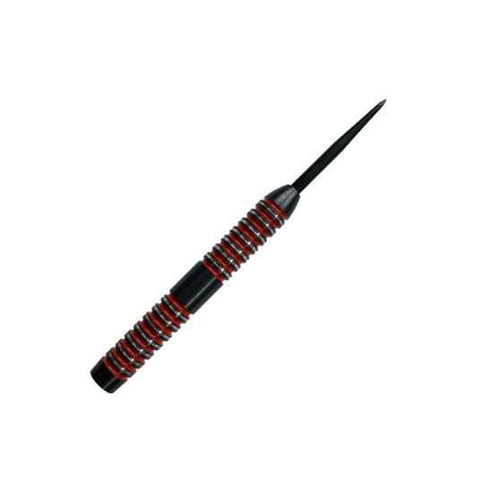 Barili McDart Crimson Steeldart Das Bild zeigt einen McDart Crimson Steeldart Barrel. Der Barrel ist schwarz mit auffälligen roten Ringen und hat ein gerilltes Design für besseren Halt.