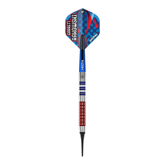 Freccette morbide Winmau Garrett Rakowski - 20g Das Bild zeigt einen Winmau Garrett Rakowski Softdart mit einem Gewicht von 20g. Der Dart hat ein farbenfrohes, modernes Design mit blauen, roten und silbernen Elementen.