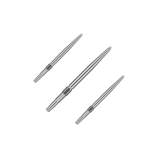 Punte per freccette Target Swiss Point Silver Das Bild zeigt drei silberne Dartspitzen, die nebeneinander liegen. Sie sind lang und schmal mit gerillten Griffbereichen.