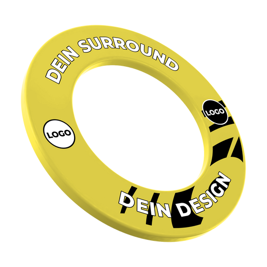 Das Bild zeigt ein Produkt namens MSF-Gelb_Dartboard_Surround_Wunschdruck_Gelb_1. Es handelt sich um einen gelben Dartboard-Surround mit individuellem Druck.