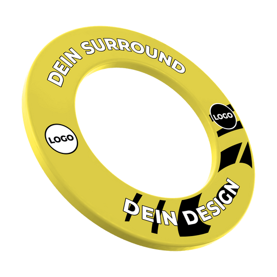 Cornice per bersaglio con il tuo design Das Bild zeigt ein Produkt namens MSF-Gelb_Dartboard_Surround_Wunschdruck_Gelb_1. Es handelt sich um einen gelben Dartboard-Surround mit individuellem Druck.