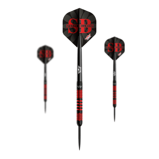 Bulls NL Stefan Bellmont 90 freccette in acciaio - 23 g Ein Satz Bulls NL Stefan Bellmont 90 Steeldarts mit 23 Gramm ist abgebildet. Die Darts sind speziell für das Steeldartspiel entwickelt.