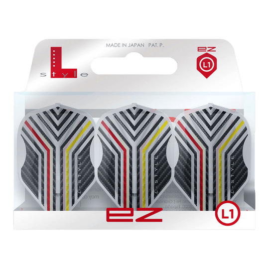 Voli L-Style Arno Merk V1 Clear White L1EZ L-Style Arno Merk V1 Clear White L1EZ Flights werden als Set mit transparentem Design gezeigt. Die spezielle Form und Farbe sind erkennbar.