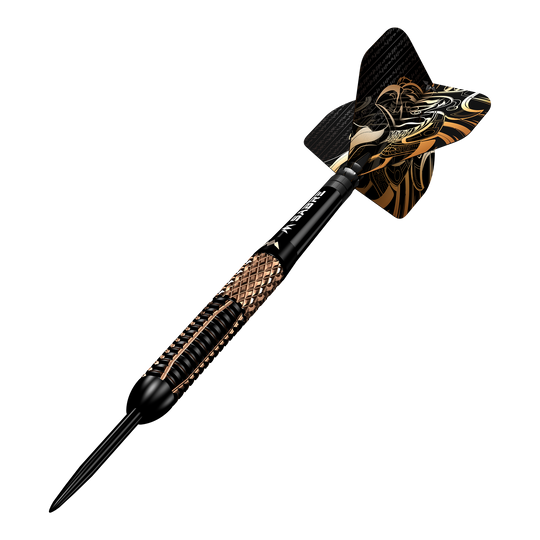 Missione Horus Steeldarts Der abgebildete Artikel ist ein Mission Horus Steeldart. Er hat ein auffälliges Design mit goldenen und schwarzen Details auf dem Schaft und den Flights.