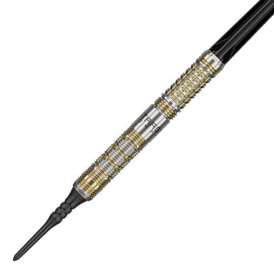 Target Japan Black Marque Reyn GEN2 Freccette morbide - 17,5 g Das Bild zeigt den Softdart "Target Japan Black Marque Reyn GEN2" mit einem Gewicht von 17,5 g. Der Dartpfeil hat ein silbernes Design mit goldenen Akzenten und einer schwarzen Spitze.