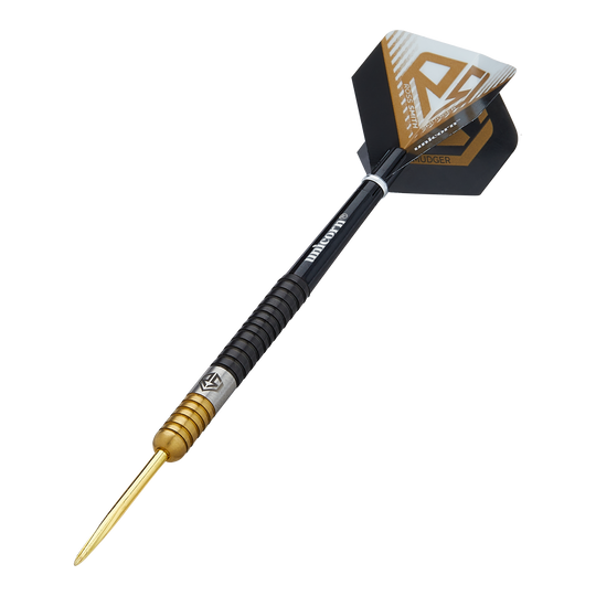 Freccette in acciaio bicolore Unicorn Ross Smith Dies ist ein Steeldart namens "Unicorn Ross Smith Two-Tone Steeldarts". Er hat eine goldene Spitze, einen zweifarbigen Griff und schwarze Flights mit gold-weißen Akzenten.