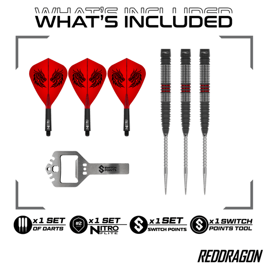 Red Dragon Jonny Clayton Hireath Switch Point Steel Darts Zu sehen sind die Red Dragon Jonny Clayton Hireath Switch Point Steeldarts. Diese Pfeile sind für ihre hochwertige Verarbeitung bekannt.