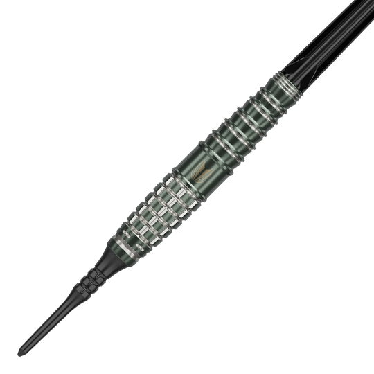Target Japan Akito Yamagata Scream GEN1 Freccette morbide - 19 g Das Bild zeigt einen Akito Yamagata Scream GEN1 Softdart von Target Japan mit einem Gewicht von 19g. Der Dart hat ein präzise bearbeitetes, silber-schwarzes Barrel mit mehreren Griffmulden.